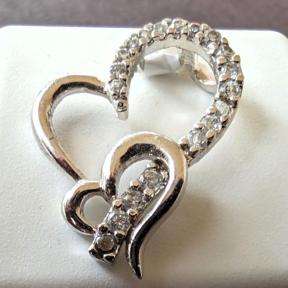 Stunning .925 Sterling Silver Double Heart's Pendant Encrusted w/ Brilliant CZ's